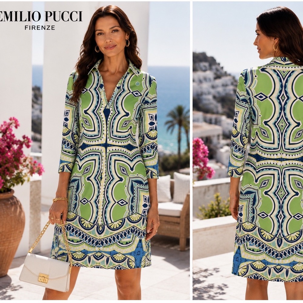 Emilio Pucci Dress Womens 36 Green Geometric Silk Jersey 3/4 Sleeve V-Neck Italy